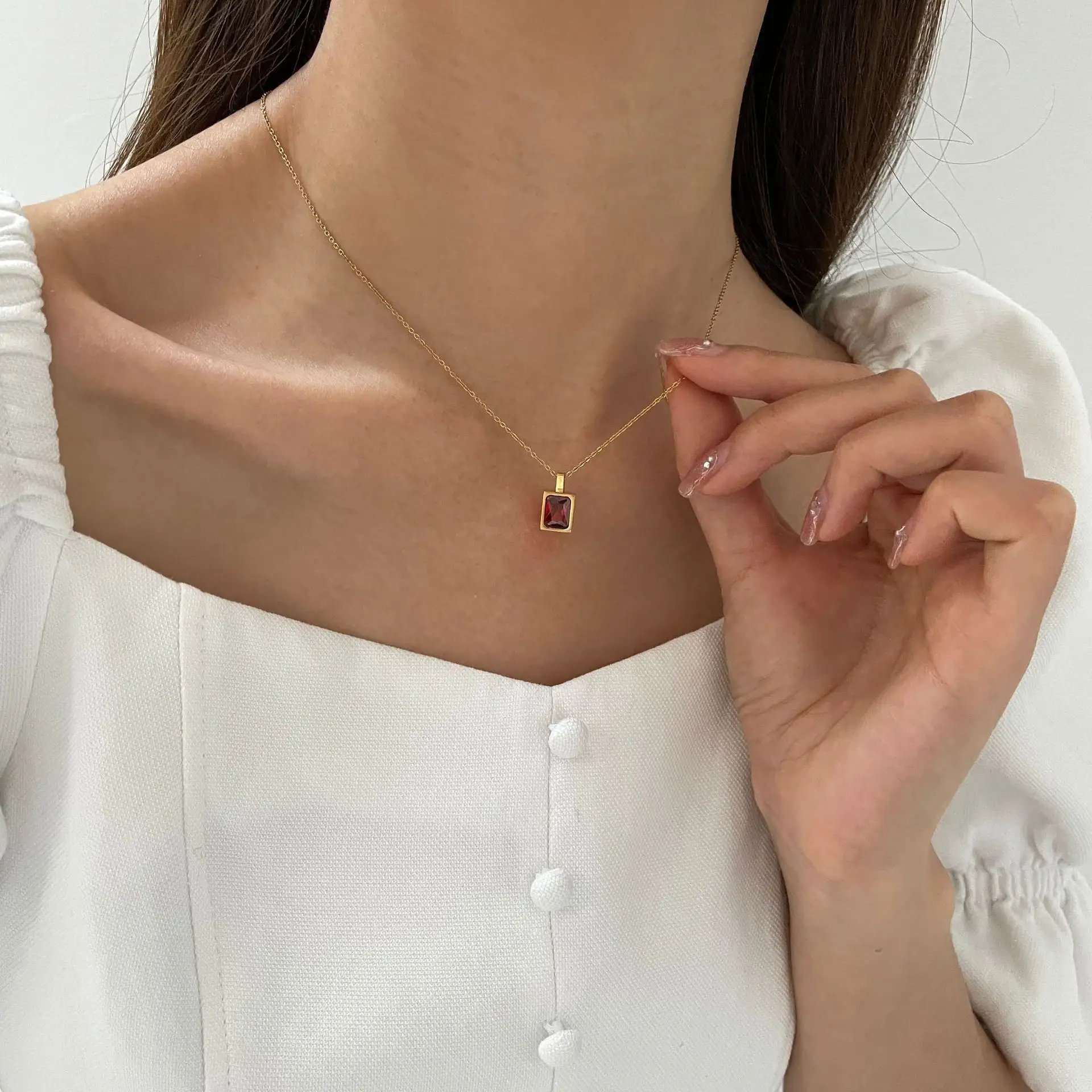 SHIXIN สร้อยคอพลอยเทียมทรงสี่เหลี่ยมขนาดเล็กแบบฝรั่งเศส,สร้อยคอทองคำแท้14K เคลือบด้วยไทเทเนียมเส้นละเอียดหรูหราน้ำหนักเบา