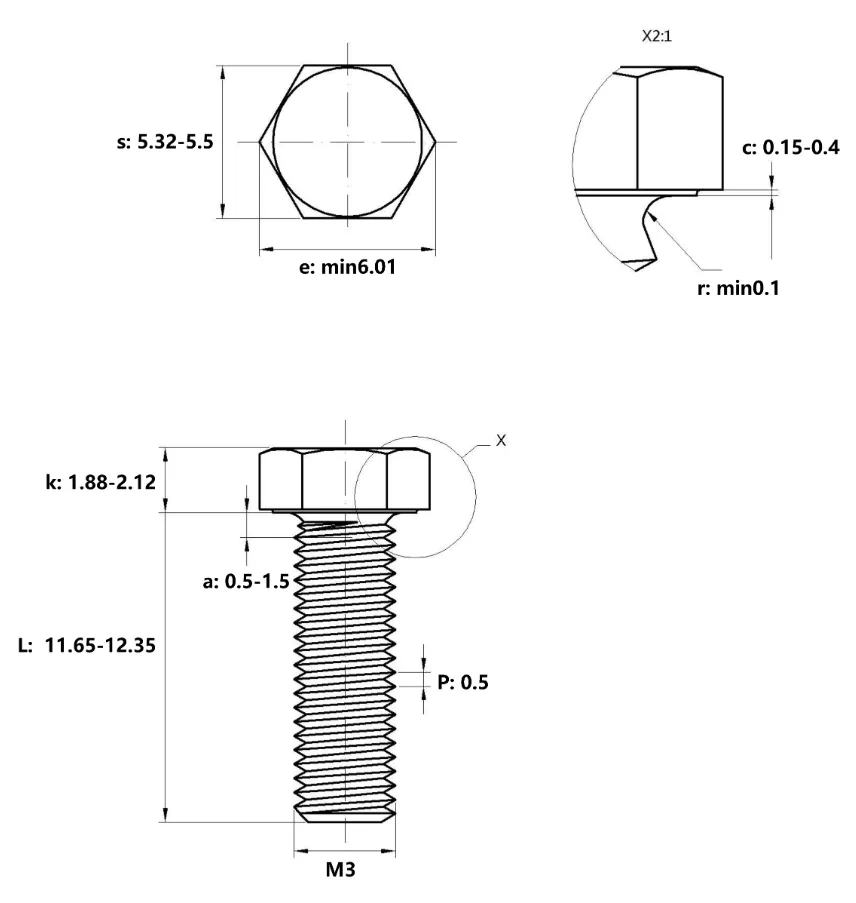 Acero al carbono de alta resistencia 1035K GB5783 Grado 8,8 Tornillos y tuercas hexagonales negros completamente roscados