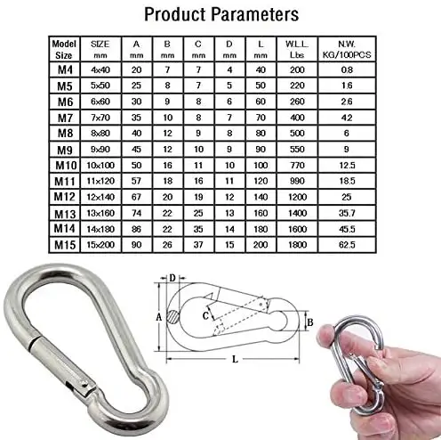 1.5Inch 3Inch 4Inch DIN5299C M8X80mm Zware 304 316 Rvs Carbine Spring Snap Hook Clip Karabijnhaak metalen Karabijnhaak