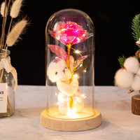 Lampe de chevet moderne en forme de dôme en plastique doré avec LED, ours mignon, fleur éternelle, cadeau romantique pour la Saint-Valentin, anniversaire, décoration de bureau, lampe de nuit pour la maison