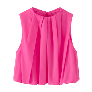 Blusa de gasa plisada sin mangas rosa para mujer, blusa holgada de color liso para fiesta, estilo elegante para primavera y verano - Product Image 1
