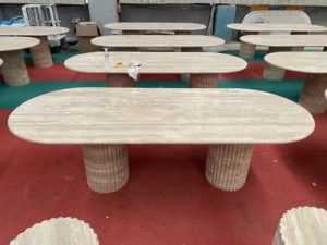 Table à manger en travertin naturel personnalisée UnionStone, meubles en pierre, table à manger ovale cannelée en marbre travertin - Product Image 4