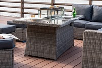 Meubles de jardin en rotin, canapé d'angle avec table de foyer au propane sans fumée, ensemble de salon en osier pour patio, ensemble de salle à manger pour cour