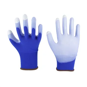 Topkwaliteit 18G Blauw Polyester Pu Afwerking Gecoat Vingertop Coating Werk Veiligheidshandschoenen Pu Coating Veiligheid Werkhandschoenen