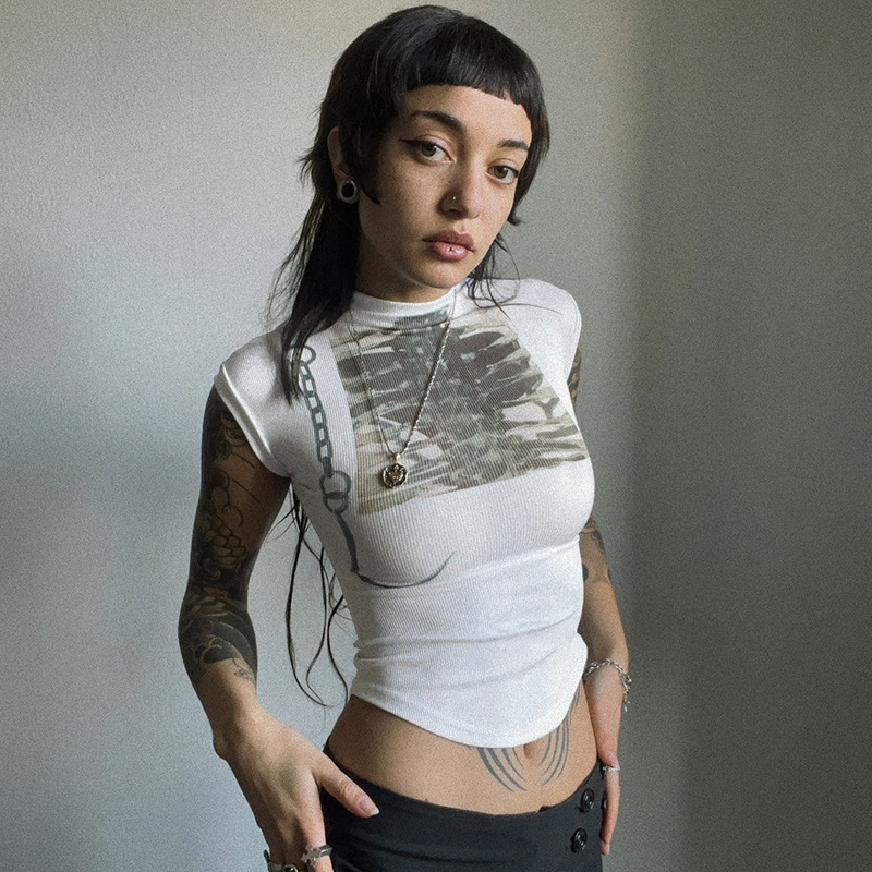 Street Trendy American Stylishprintingsexy T Shirt 2025 Skinny Slimming Turtleneck Short Sleeve Top Casual Women's Clothing