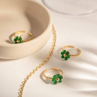 Nouvelles bagues ajustables tendance en acier inoxydable plaqué or 18 carats avec pierre naturelle verte en forme de tournesol pour femmes