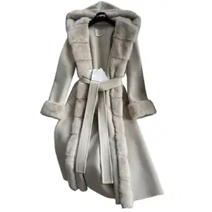 Casaco Designer Personalizado Genuine Mink Fur Wool 100% Casaco Real Cinto Com Capuz Casaco De Pele De Inverno Mulheres