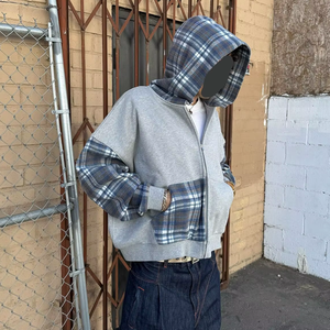 Fabricants de vêtements, sweat-shirt à capuche zippé en tissu French Terry 100% coton, patchwork à carreaux, blocs de <span class=keywords><strong>couleur</strong></span>, pour hommes - Product Image 2