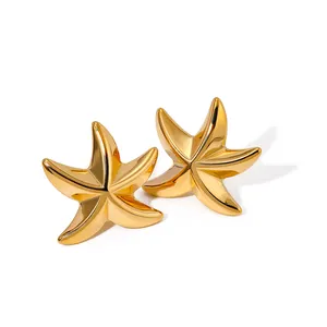 J&D Jewelry Summer 16K Stainless Steel Ocean Earring Gift Waterproof Smooth Starfish Earring for Women