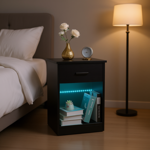 Mesita de noche negra, 40x35x60cm, cajón individual con luz Led y enchufe, muebles modernos para dormitorio - Product Image 2