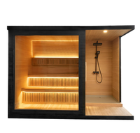 Sauna sec en bois moderne pour l'intérieur et l'extérieur avec douche intégrée et poêle à bois de 6 kW