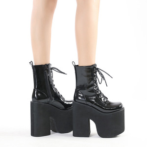Aliexpress <strong>Plain</strong> Lace-up Square Toe 8cm Heel Height Increasing Winter Stage Performance Women's <strong>Boots</strong> for for Foreign - Product Image 4