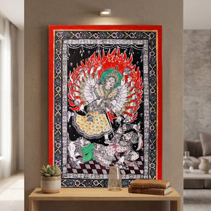 Pintura Artesanal Pattachitra de la Diosa Durga, Arte de Pared Rectangular de Papel Tradicional Indio, Decoración del Hogar - Product Image 6