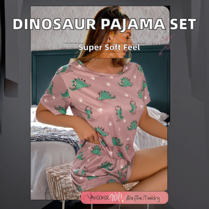 2 Pieces Ladies Dinosaur Print Summer Breathable Soft Knitted Lounge Wear T-shirt Top and Shorts Pajamas Set - Product Image 2