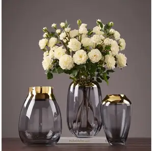 NISEVEN vas kaca mewah kualitas tinggi, dekorasi rumah vas kaca besar berwarna dengan pinggiran emas