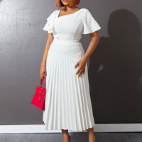 Benutzer definierte einfarbige einfache bescheidene lange Maxi einteilige Kleider Lady Taille Slim Fit Rüschen kurz ärmel ige gepresste Plissee Kleid Frauen