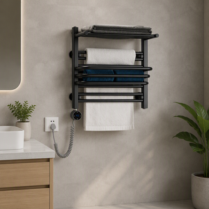 Sèche-serviettes électrique moderne en acier <span class=keywords><strong>noir</strong></span> <span class=keywords><strong>mat</strong></span> avec étagère de rangement supérieure et commande numérique pour salle de bain - Product Image 1