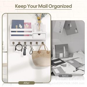 Wooden Wall Mounted Key And Letter Holder With <b>6</b> Hooks Storage <b>Drawer</b> Key Rack Entryway Home Decor - Product Image 2