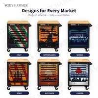 Armoire à outils roulante SKY HAMMER à 7 tiroirs, imprimée UV, personnalisable, verrouillable, avec roulettes, en chêne, acier et dessus en plastique