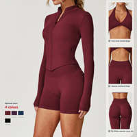 Ensemble de yoga personnalisé 4 pièces pour femme : Soutien-gorge dos nu taille haute effet push-up, veste zippée, leggings et short anti-transparence pour la gym