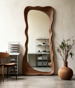 Large Walnut Wood Art Deco Wall <b>Mirror</b> <b>Irregular</b> Framed Full Length Hanging Glass Luxury Bedroom Living Room Bathroom Home Decor - Product Image 4
