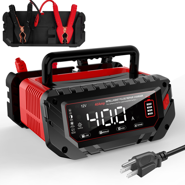 NEWEST 40 AMP AC Input Car Battery Charger 6V/12V/24V Lead-Acid Lithium LiFePo4 Smart Large Screen Trickle Charger