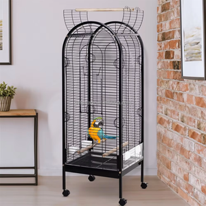 Jaula de Metal para Pájaros con Perchas de Madera para Loros Canarios con Ruedas 54x54x151cm Negro - Product Image 6