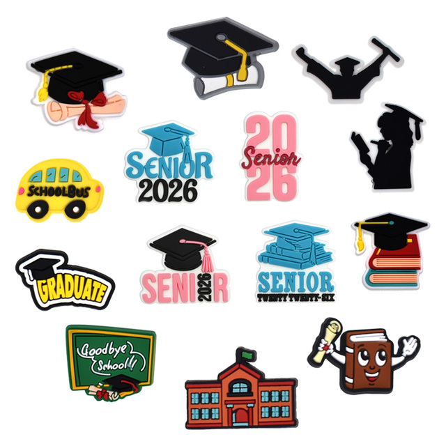 2026 Graduation Season Wholesale Decorative PVC Shoe Buckles Rubber School Shoe Charms for Clogs New Decorations