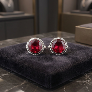 Elegantes gemelos hechos a mano con rubelita roja en forma redonda, engastados en plata de ley 925. - Product Image 1