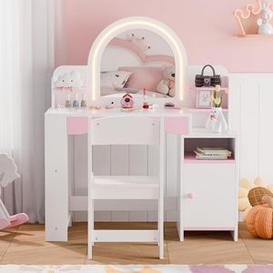 Set Toeletta per Bambine con Armadietto, Scaffali, Sedia e Specchio Illuminato - Regalo di Compleanno per Bambine - Set Mobili per Bambini - Product Image 4