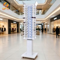 Wholesale Floor Standing 4-Sided Rotating Sunglasses Display Rack, Movable Acrylic Eyeglass Display Stand with Wheels