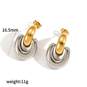 ต่างหูทรงเรขาคณิตสแตนเลสทรงกลมครึ่งวงกลมไทเทเนียมชุบทอง 18k เครื่องประดับแฟชั่น - Product Image 5