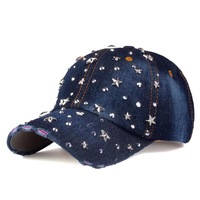 Gorra de Béisbol Brillante para Mujer, Gorra de Mezclilla con Pedrería, Gorra de Golf Ajustable