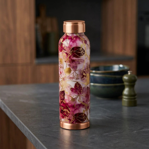 Earthy Metallic Glow Floral Pattern <b>Metal</b> <b>Water</b> <b>Bottle</b> With Copper Lid Portable Travel Drinkware - Product Image 1
