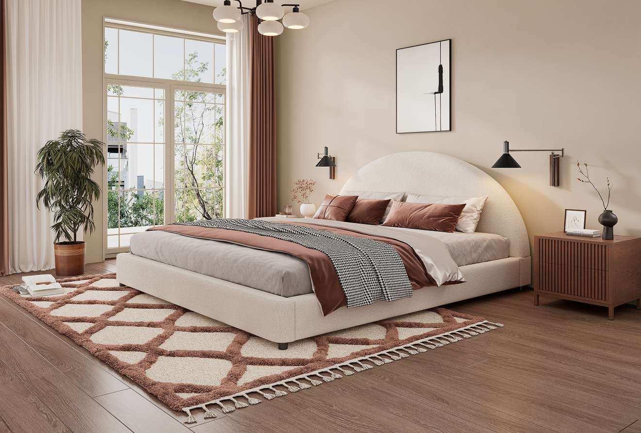 Blanco + Bouclé + Contrachapado + Tamaño King