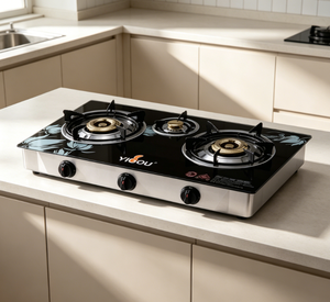 Black Floral Pattern Tempered Glass Triple Burner Gas <strong>Cooktop</strong> with Energy-Saving Feature for Outdoor and Household Use - Product Image 2