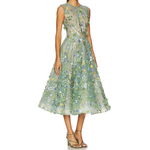 <span class=keywords><strong>Robe</strong></span> midi personnalisée pour <span class=keywords><strong>femme</strong></span>, vert sauge, broderie florale 3D, coupe trapèze, élégante, en maille, pour <span class=keywords><strong>mariage</strong></span>, <span class=keywords><strong>cocktail</strong></span>, soirée, jardin - Product Image 1