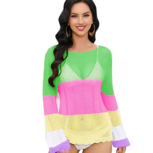 Primavera y Verano de manga larga colorida blusa de Bikini Sexy traje de baño de malla transparente ropa de playa de ganchillo cubrir ropa de playa