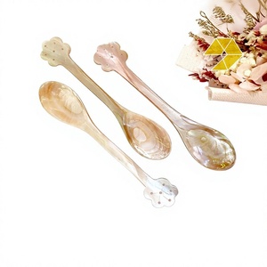 Cuillères en nacre naturelle vintage, coquille irisée en forme d'éventail, cuillère à dessert à long manche pour mariage - Product Image 2