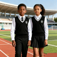 Gilet pull noir personnalisé en gros à col en V, tricot d'uniforme scolaire avec logo brodé pour étudiants