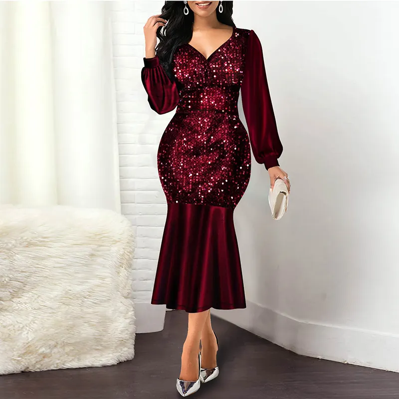 New Arrival Plus Size Clothing Long Sleeve Prom Ruffle Mermaid Wedding Evening Sequin Dress For Women