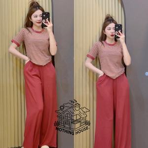 ชุดเซ็ตสองชิ้นสไตล์ฮ่องกงสำหรับฤดูร้อน เสื้อยืดและกางเกงขายาวลำลองสำหรับผู้หญิง ชุดเสื้อและกางเกงผู้หญิงแบบคลาสสิก - Product Image 3