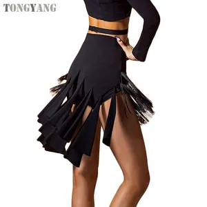 Tongyang กระโปรงเต้นรำละตินสำหรับผู้ใหญ่, กระโปรงสั้นมินิเดรสกระโปรงมีพู่สำหรับผู้หญิงชุดฝึกเต้นลาตินแบบมืออาชีพ
