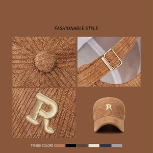 Cappellino da Baseball in Velluto <span class=keywords><strong>a</strong></span> Coste con Lettera '<span class=keywords><strong>R</strong></span>' Ricamata in 3D, Tinta Unita, Regolabile, Strutturato, Accessorio Elegante per Autunno e Inverno - Product Image 3