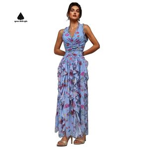 Abiti Lunghi Casual Maxi <span class=keywords><strong>con</strong></span> Schiena Scoperta e <span class=keywords><strong>Spacco</strong></span>, Vestito <span class=keywords><strong>Elegante</strong></span> Estivo da Donna <span class=keywords><strong>con</strong></span> Collo all'Americana, Motivo Floreale e Volant - Product Image 1