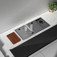 Évier de cuisine moderne noir nano en acier inoxydable 304 fait main, carré, 980x450mm, à trois trous, double bac, avec robinet dissimulé DN Smart