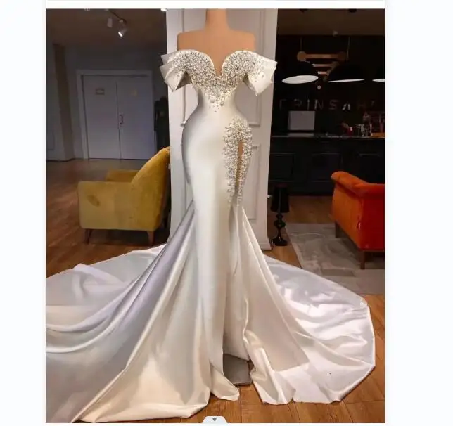 2023 High Neck Plus Size Off The Shoulder Vestido De Novia Beaded Mermaid Bridal Wedding Dress MW104