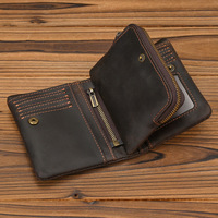 Dompet Pendek Kulit Asli Retro Wanita Baru dengan Kantong Koin Ber-resleting, Kancing Tekan, Banyak Slot Kartu, Desain Lipat Dua, Crazy Horse