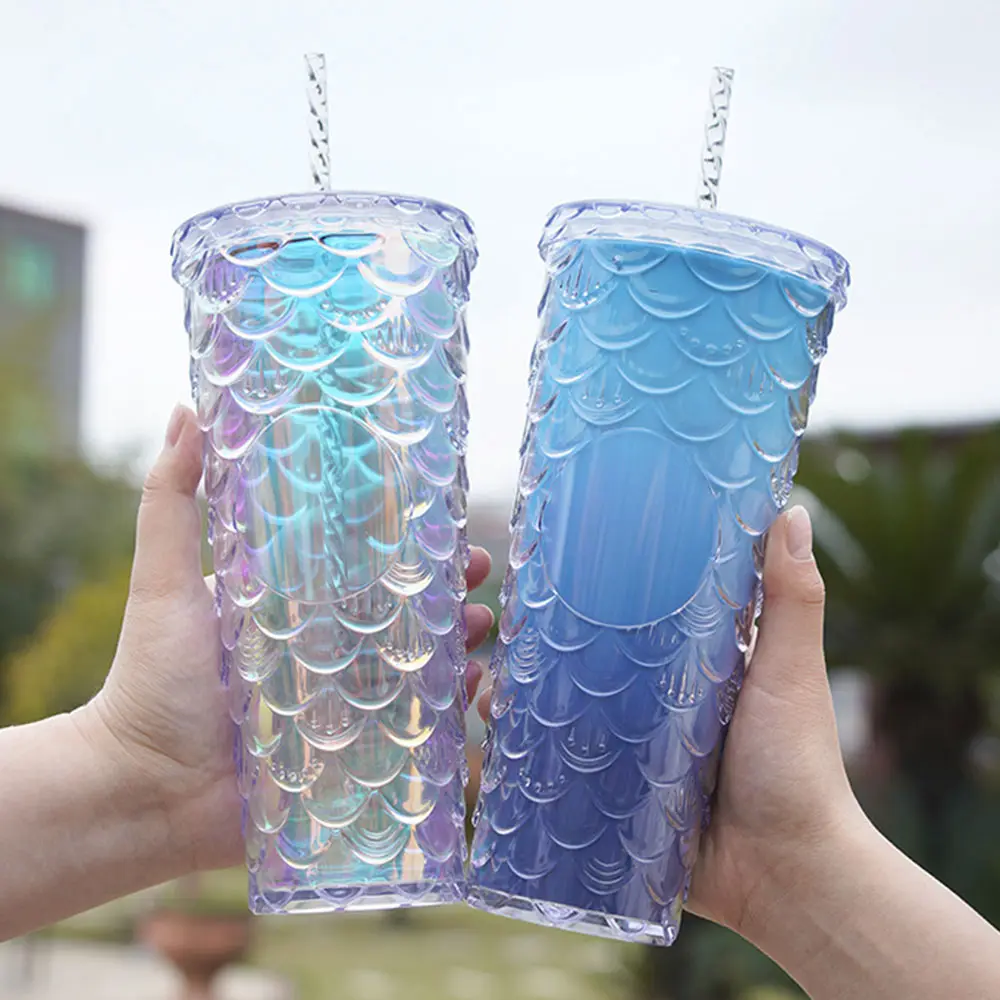 Yeni denizkızı ölçekli plastik kupa pipetli bardak çift katmanlı yalıtım 24oz özel logo plastik su bardağı
