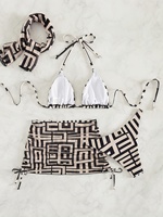 Ensemble de maillot de bain 4 pièces à imprimé géométrique, comprenant un soutien-gorge triangle à bretelles, une culotte de bain, une jupe de plage et un bandeau, pour l'été et la plage